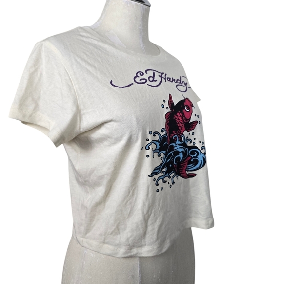 Ed Hardy Koi Fish Cream Red Blue Crewneck Short Sleeves Crop Top XL Y2K - Picture 2 of 7